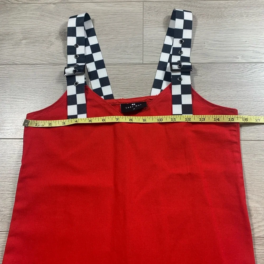 Lazy Oaf Checkered Buckle-Strap Pinafore Red Mini Dress - Picture 12 of 15